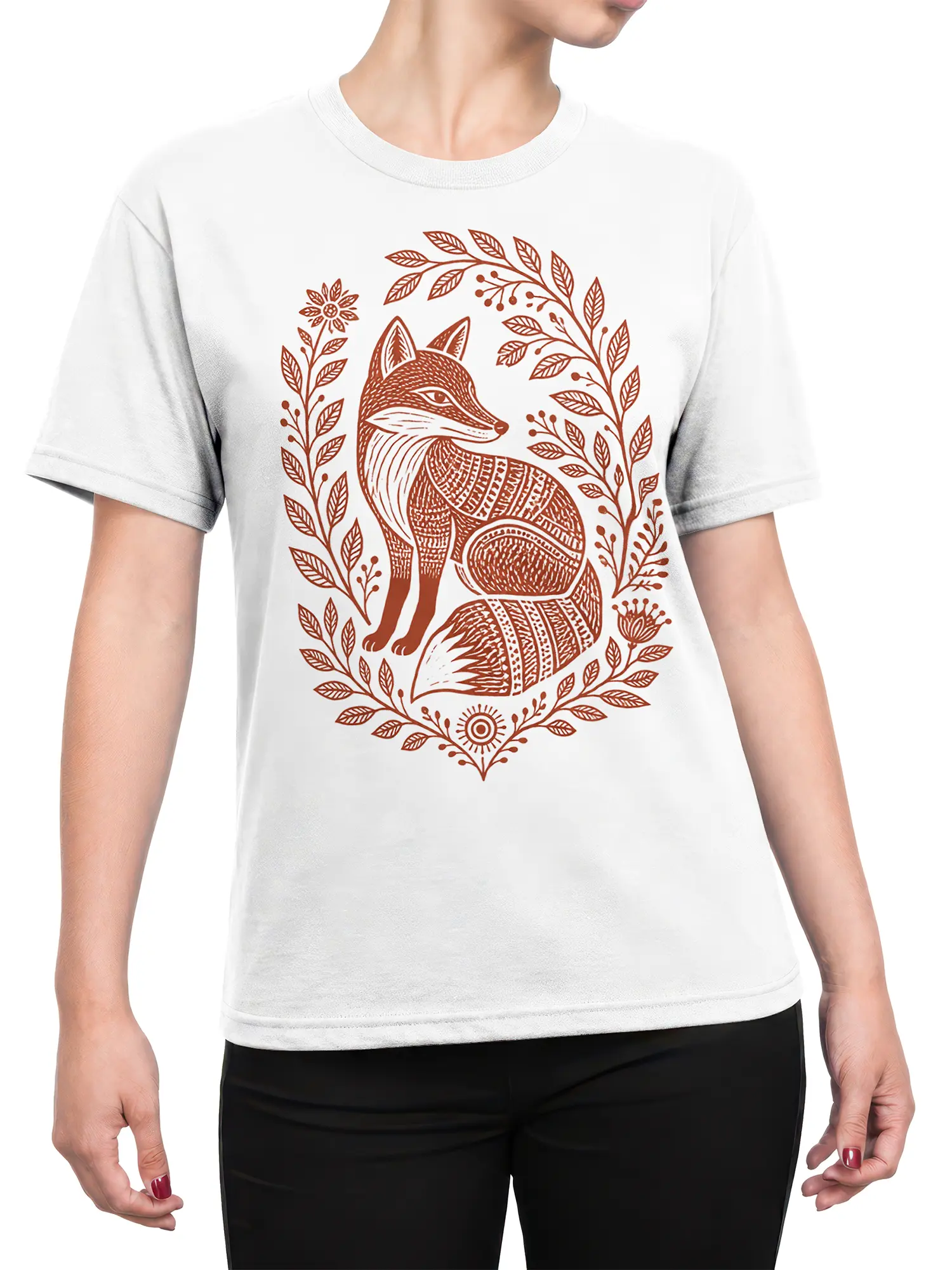 Female torso wearing a white T-shirt with a rust-brown botanical fox design and detailed folk-art woodland artwork