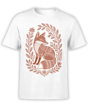 White T-shirt with a rust-brown folk art fox surrounded by leafy branches, flowers, berries, and botanical details