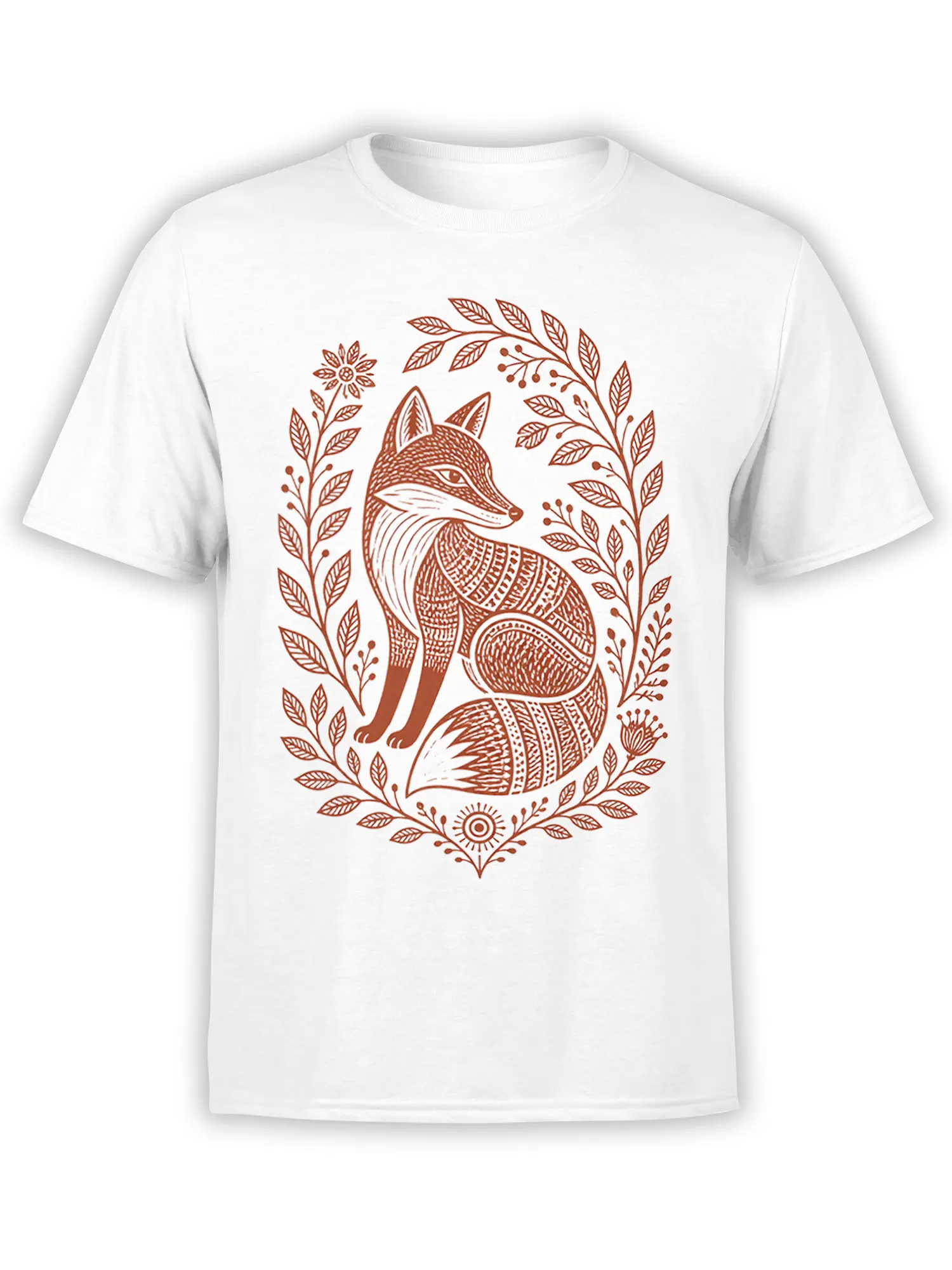 White T-shirt with a rust-brown folk art fox surrounded by leafy branches, flowers, berries, and botanical details
