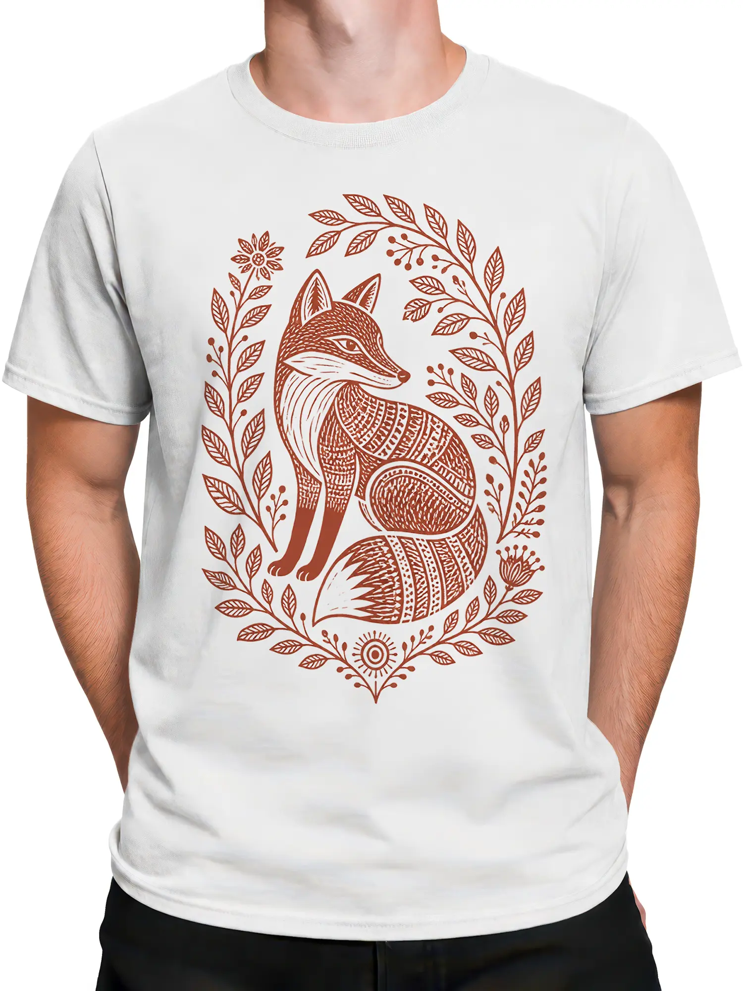 Male torso wearing a white T-shirt with a detailed rust-brown fox and leafy folk-art wreath design