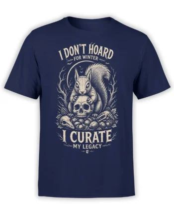 Vintage squirrel skull graphic on a navy T-shirt with “I Curate My Legacy” text