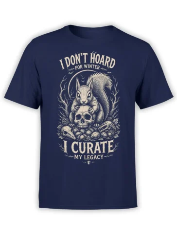 Vintage squirrel skull graphic on a navy T-shirt with “I Curate My Legacy” text