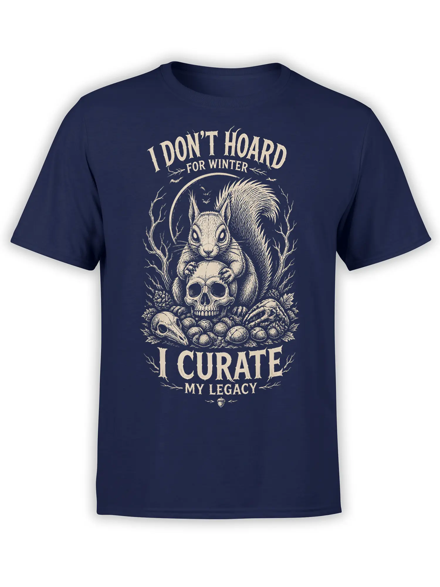 Vintage squirrel skull graphic on a navy T-shirt with “I Curate My Legacy” text