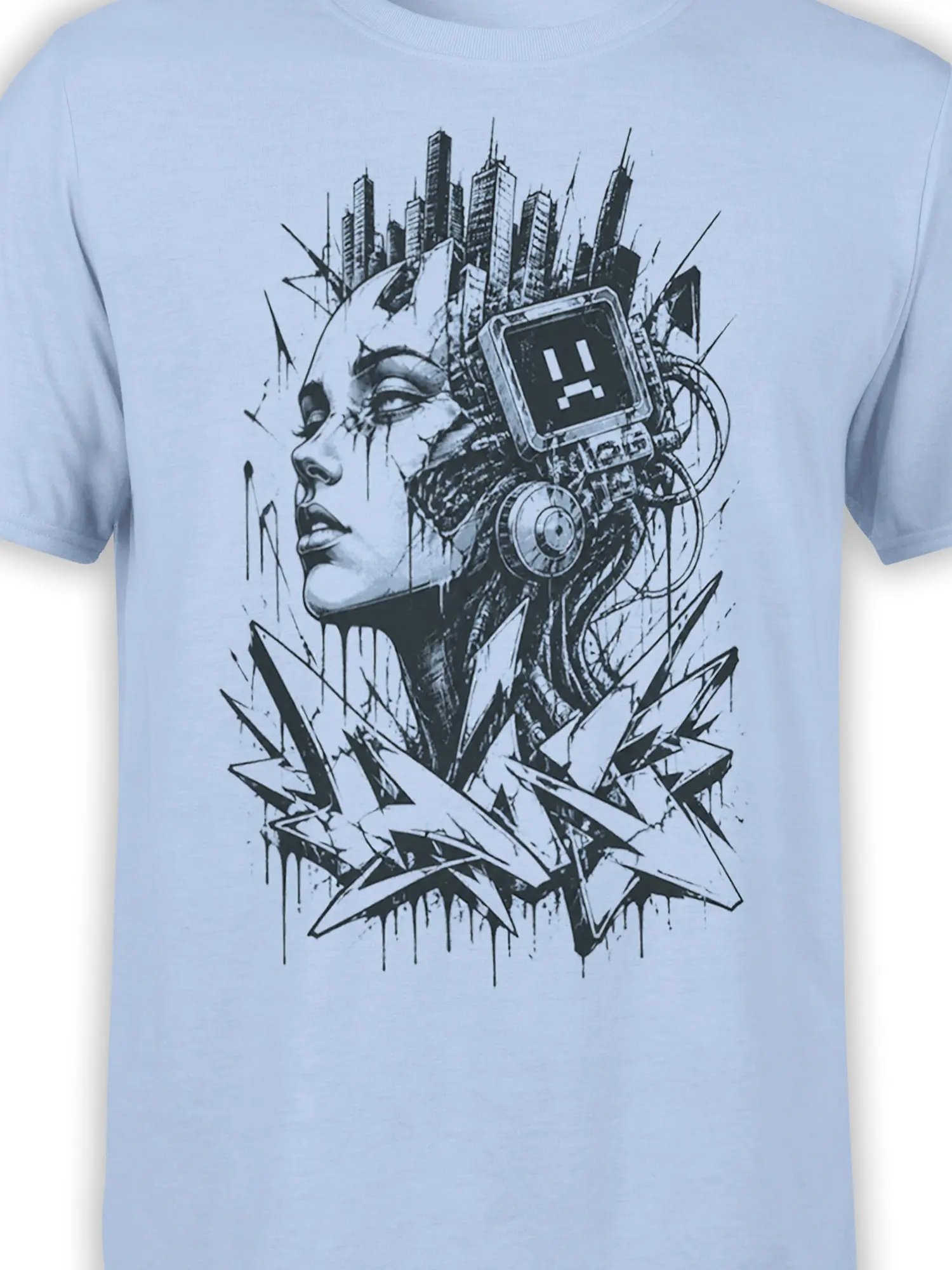Close-up of the cyberpunk woman and pixel-faced robot artwork with city skyline details on a light blue shirt