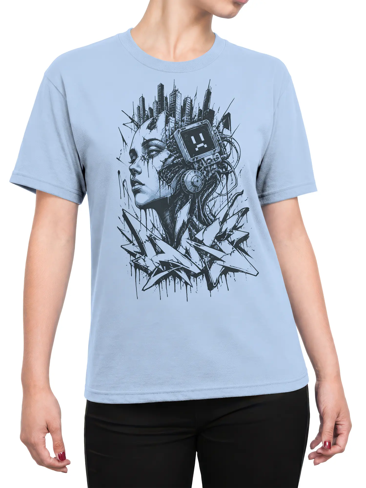 Female torso wearing a light blue T-shirt with cyberpunk woman, robot device, and city skyline graphic