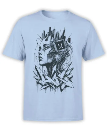 Cyberpunk woman and pixel-faced robot device printed with a city skyline on a light blue T-shirt