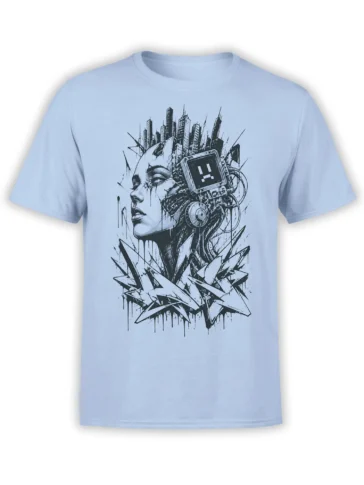 Cyberpunk woman and pixel-faced robot device printed with a city skyline on a light blue T-shirt