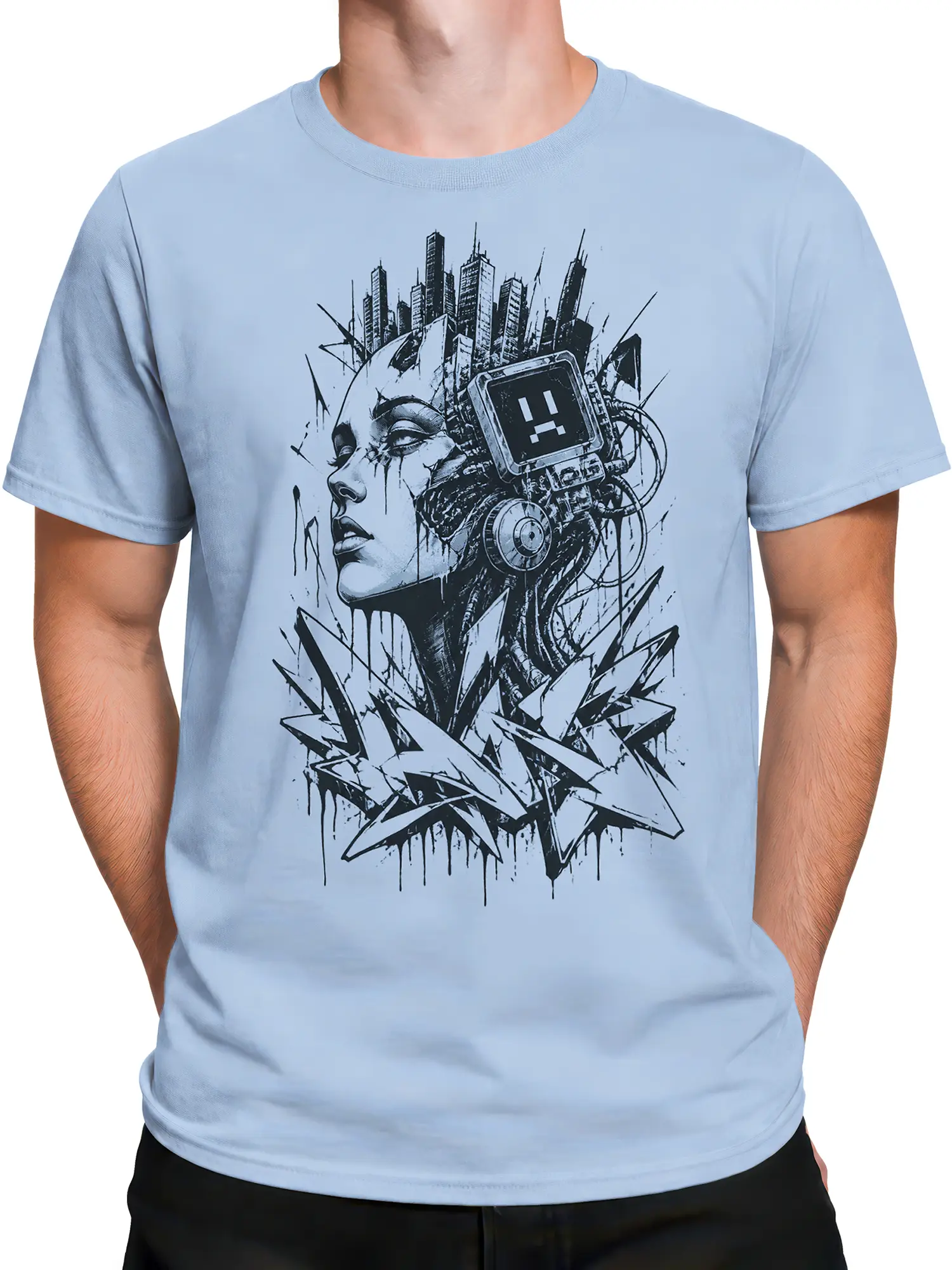 Male torso wearing a light blue cyberpunk T-shirt with futuristic woman, robot device, and skyline design