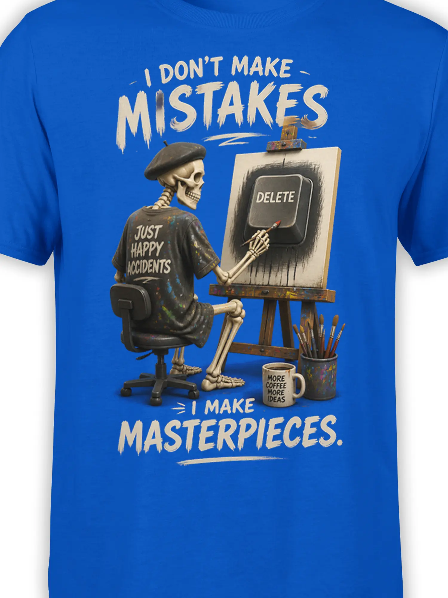 Close-up of blue shirt artwork showing a beret-wearing skeleton artist and a painted DELETE button
