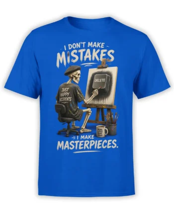 Blue artist T-shirt with a skeleton painter, DELETE button artwork, coffee mug, and creative lettering