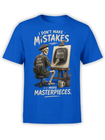 Blue artist T-shirt with a skeleton painter, DELETE button artwork, coffee mug, and creative lettering