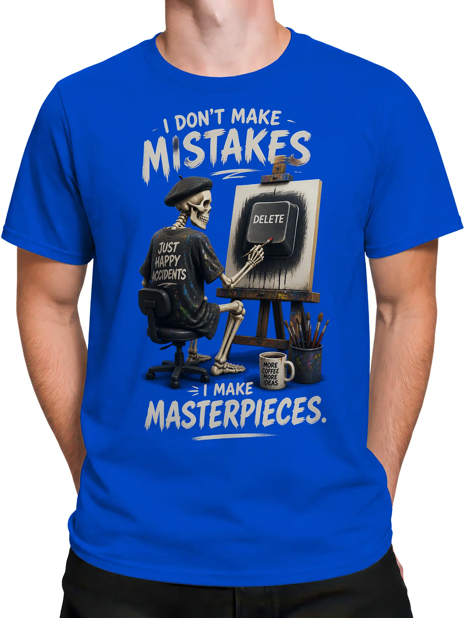 Male torso wearing a blue skeleton artist T-shirt with DELETE button and masterpiece artwork
