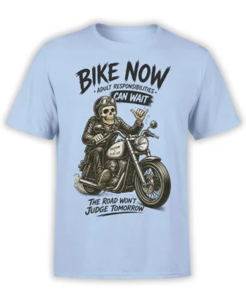 Skeleton biker riding a motorcycle with “Bike Now” lettering on a light blue T-shirt
