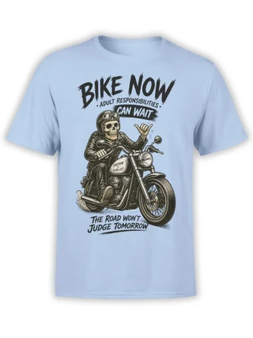 Skeleton biker riding a motorcycle with “Bike Now” lettering on a light blue T-shirt