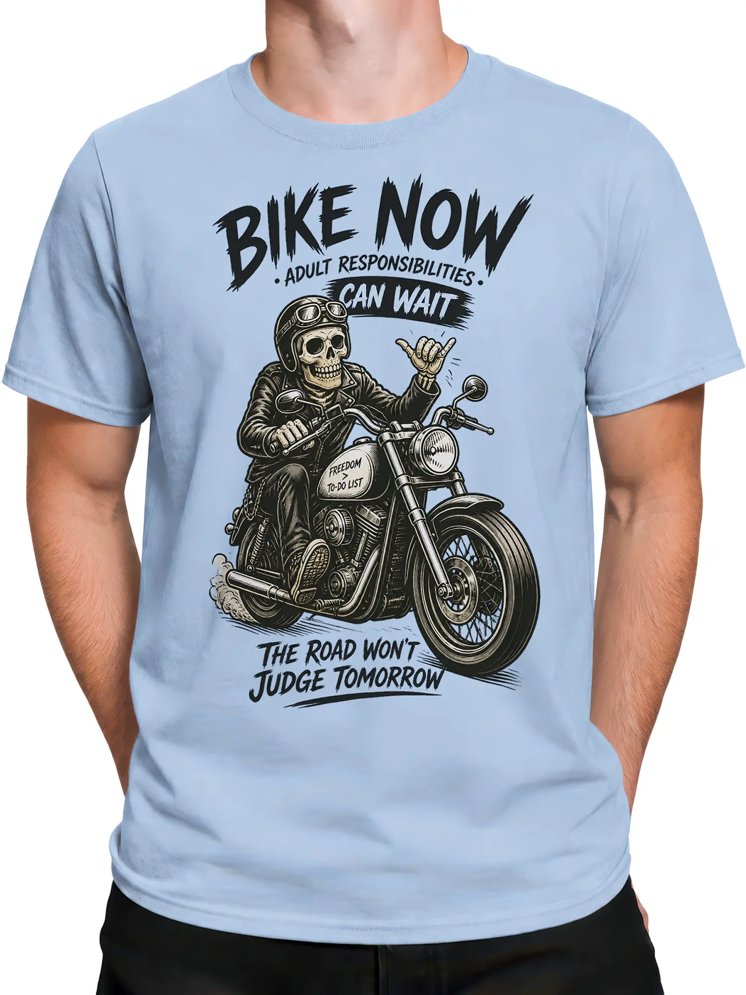 Male torso wearing a light blue motorcycle T-shirt with a detailed skeleton biker graphic