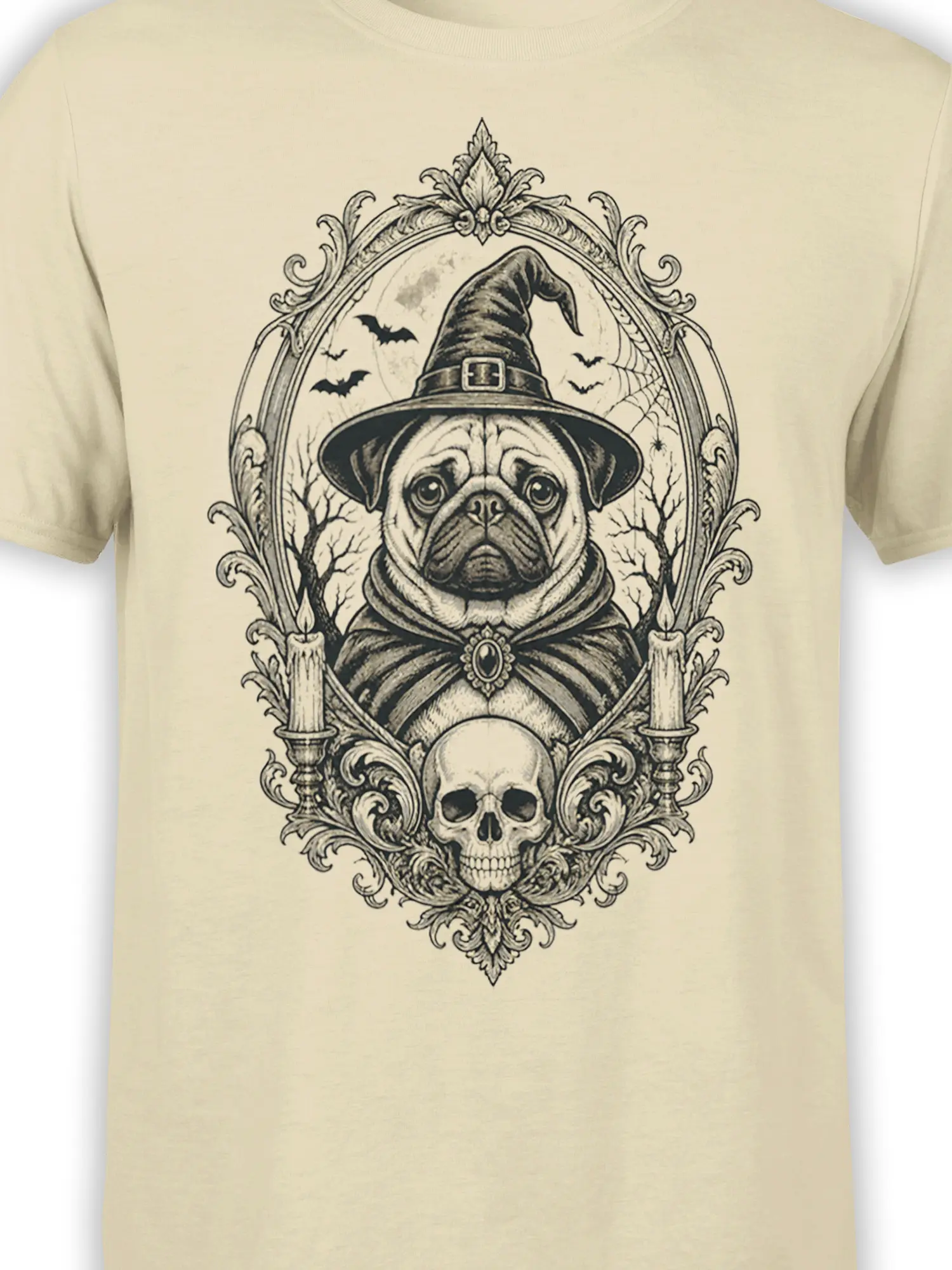 Close-up of the witch pug dog artwork with bats, candles, skull, and ornate vintage frame on beige fabric