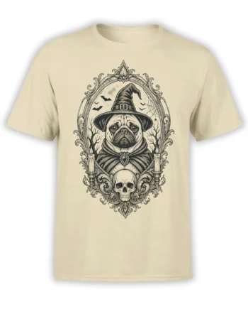 Gothic pug dog wearing a witch hat and cloak with bats, candles, and a skull on a beige T-shirt