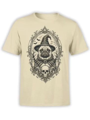 Gothic pug dog wearing a witch hat and cloak with bats, candles, and a skull on a beige T-shirt