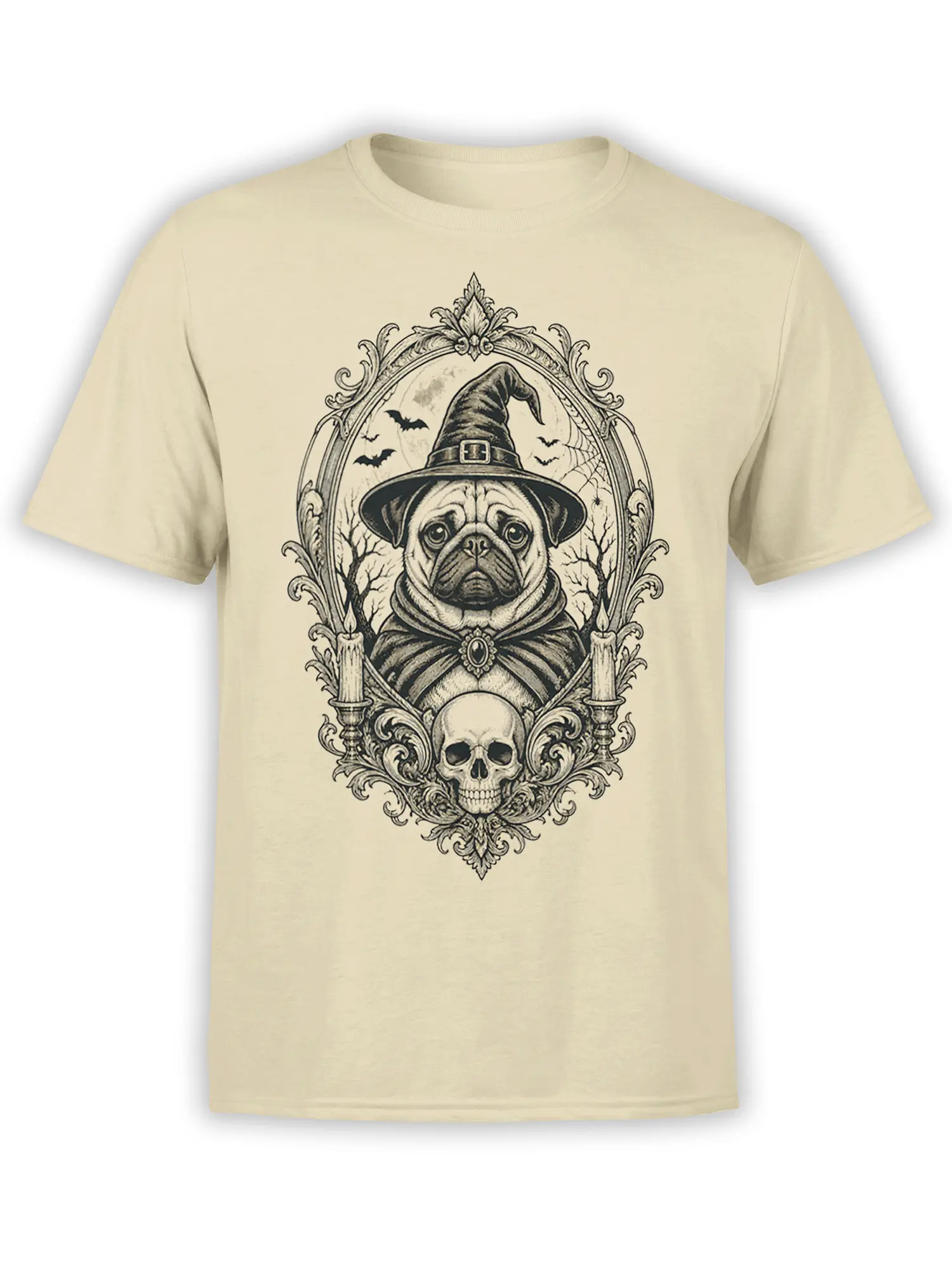 Gothic pug dog wearing a witch hat and cloak with bats, candles, and a skull on a beige T-shirt