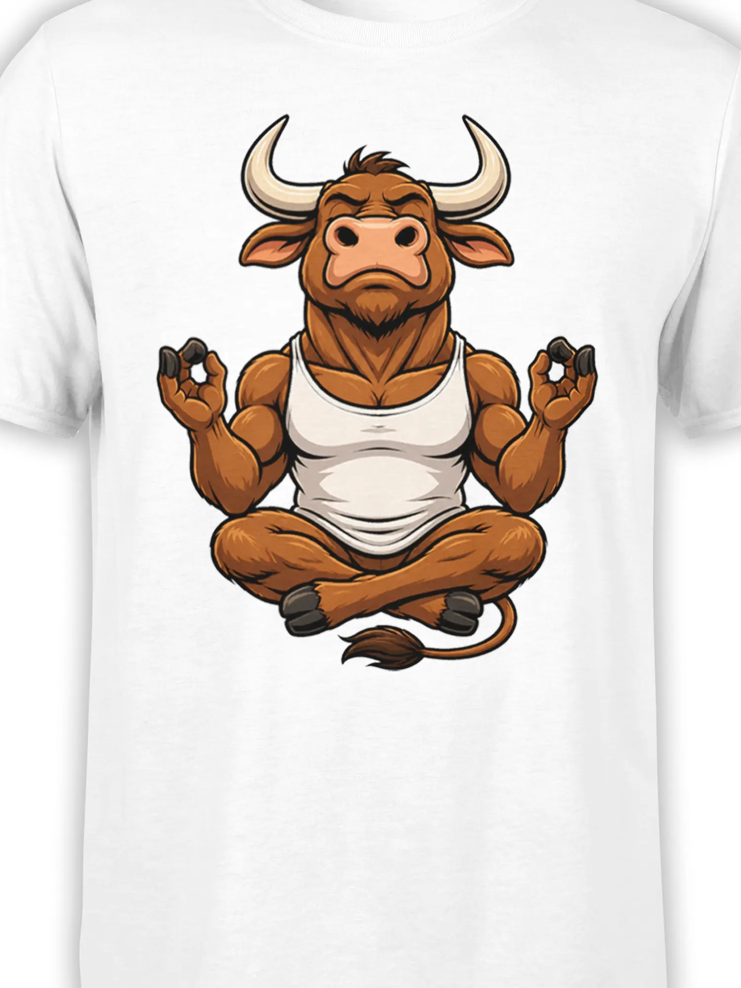 Close-up of the meditating bull artwork with curved horns on a white T-shirt