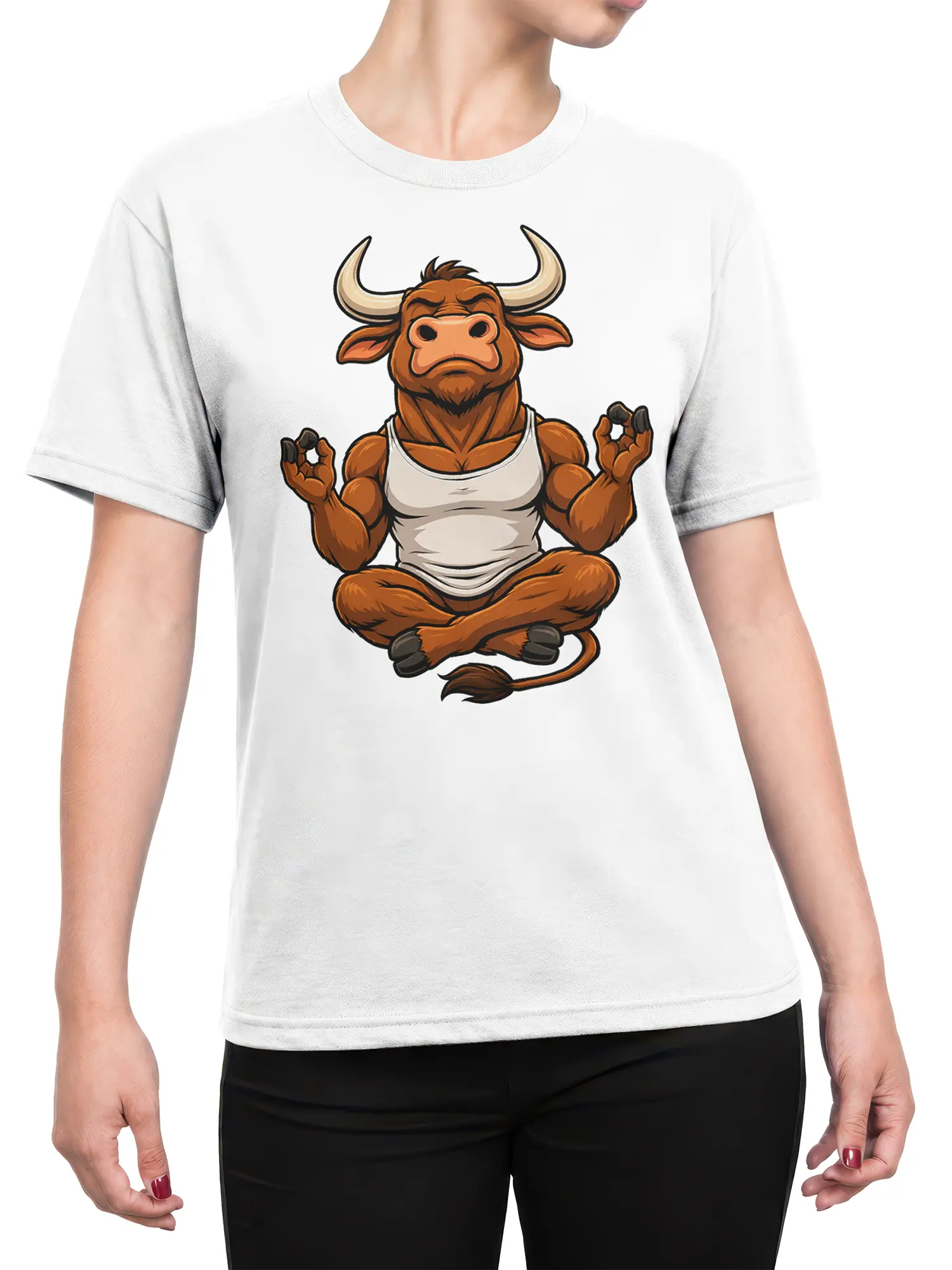 Female torso wearing a white T-shirt with a colorful meditating bull graphic