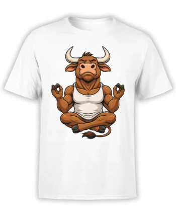 Muscular brown bull meditating with raised hands on a white graphic T-shirt