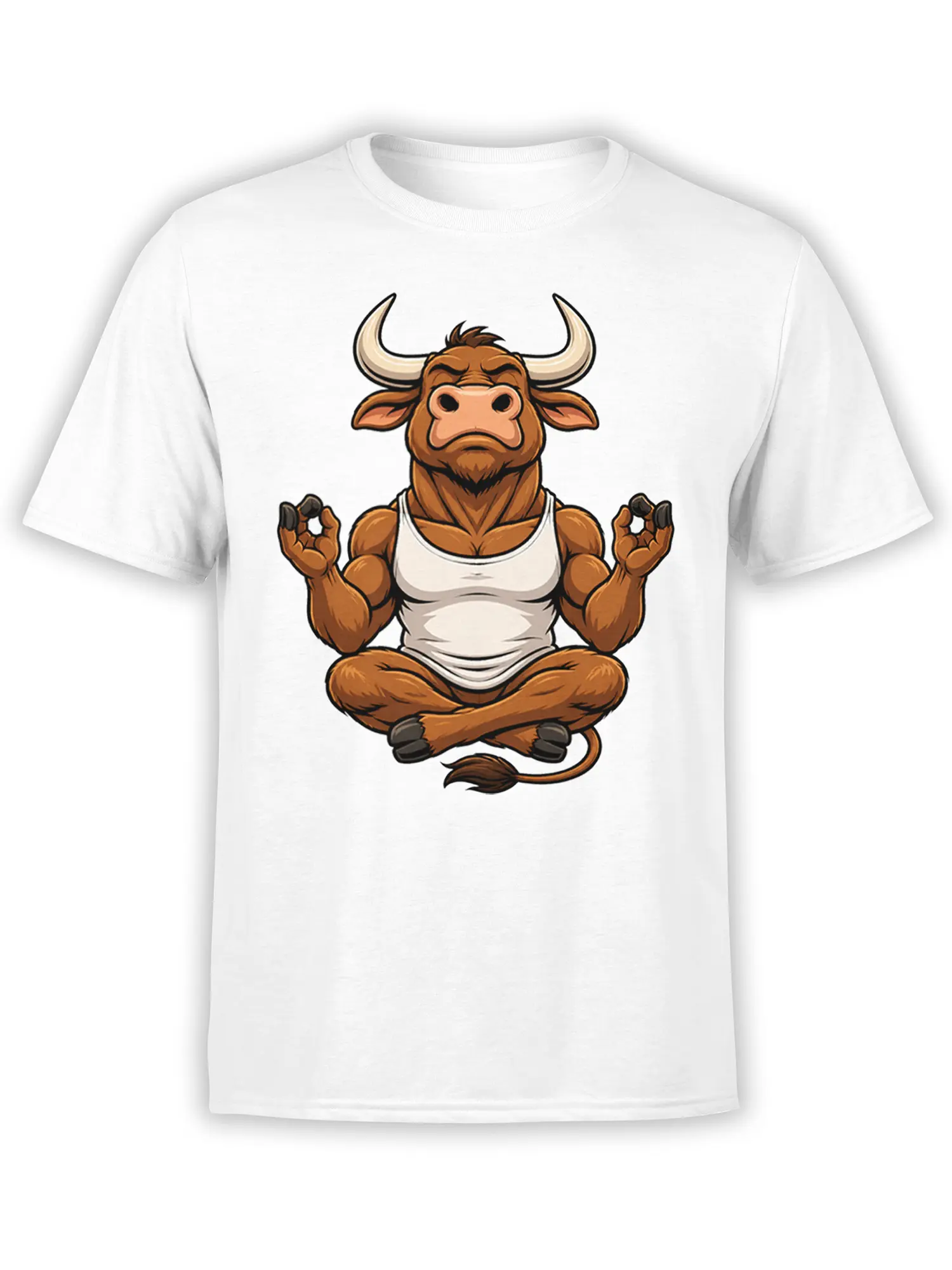 Muscular brown bull meditating with raised hands on a white graphic T-shirt