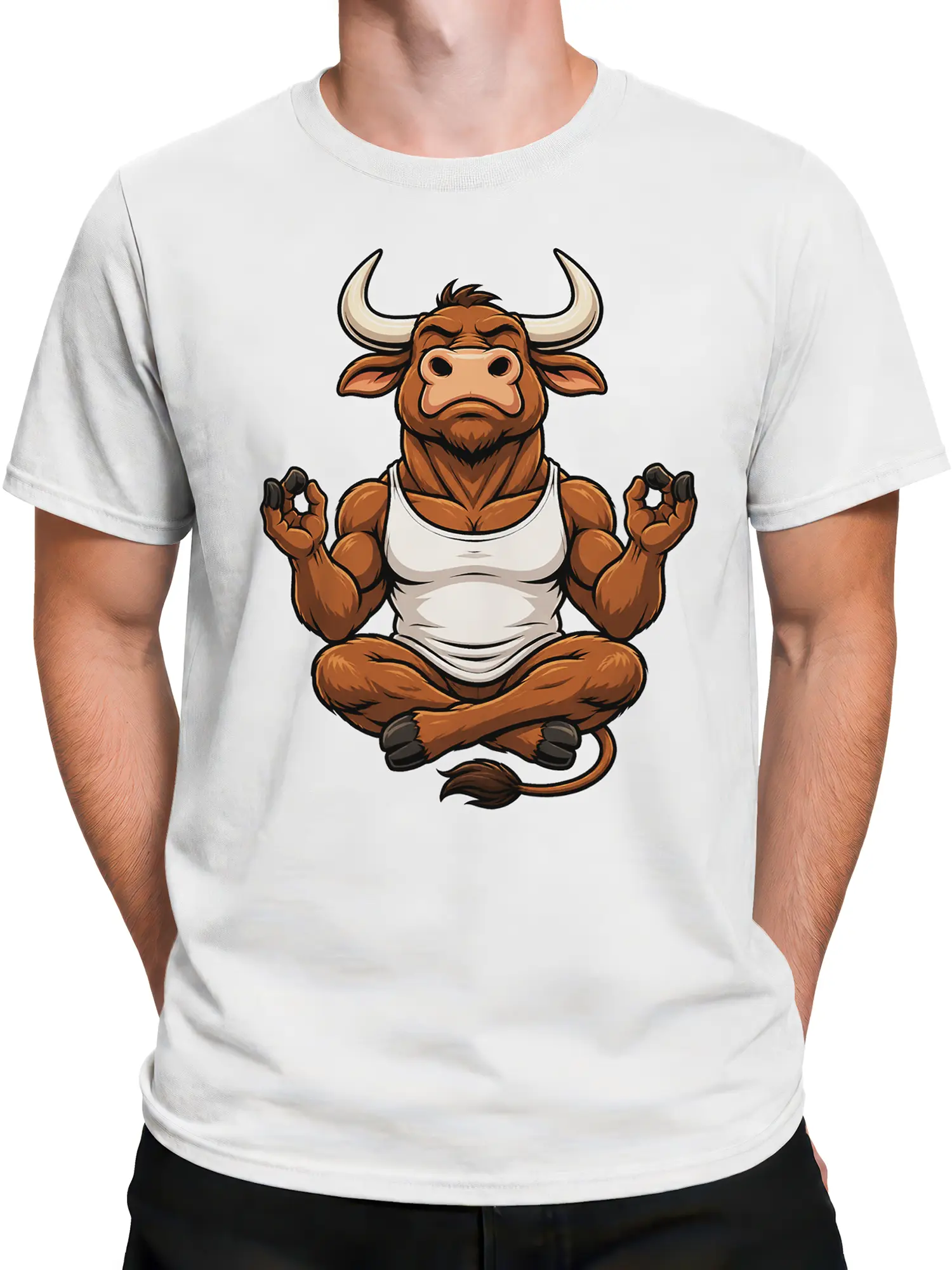 Male torso wearing a white T-shirt with a muscular meditating bull design