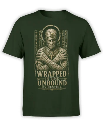 Egyptian mummy graphic with hieroglyphs and ankh on a dark green T-shirt