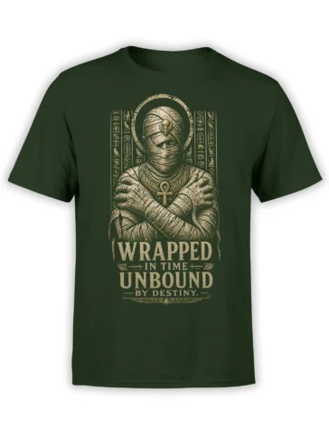 Egyptian mummy graphic with hieroglyphs and ankh on a dark green T-shirt