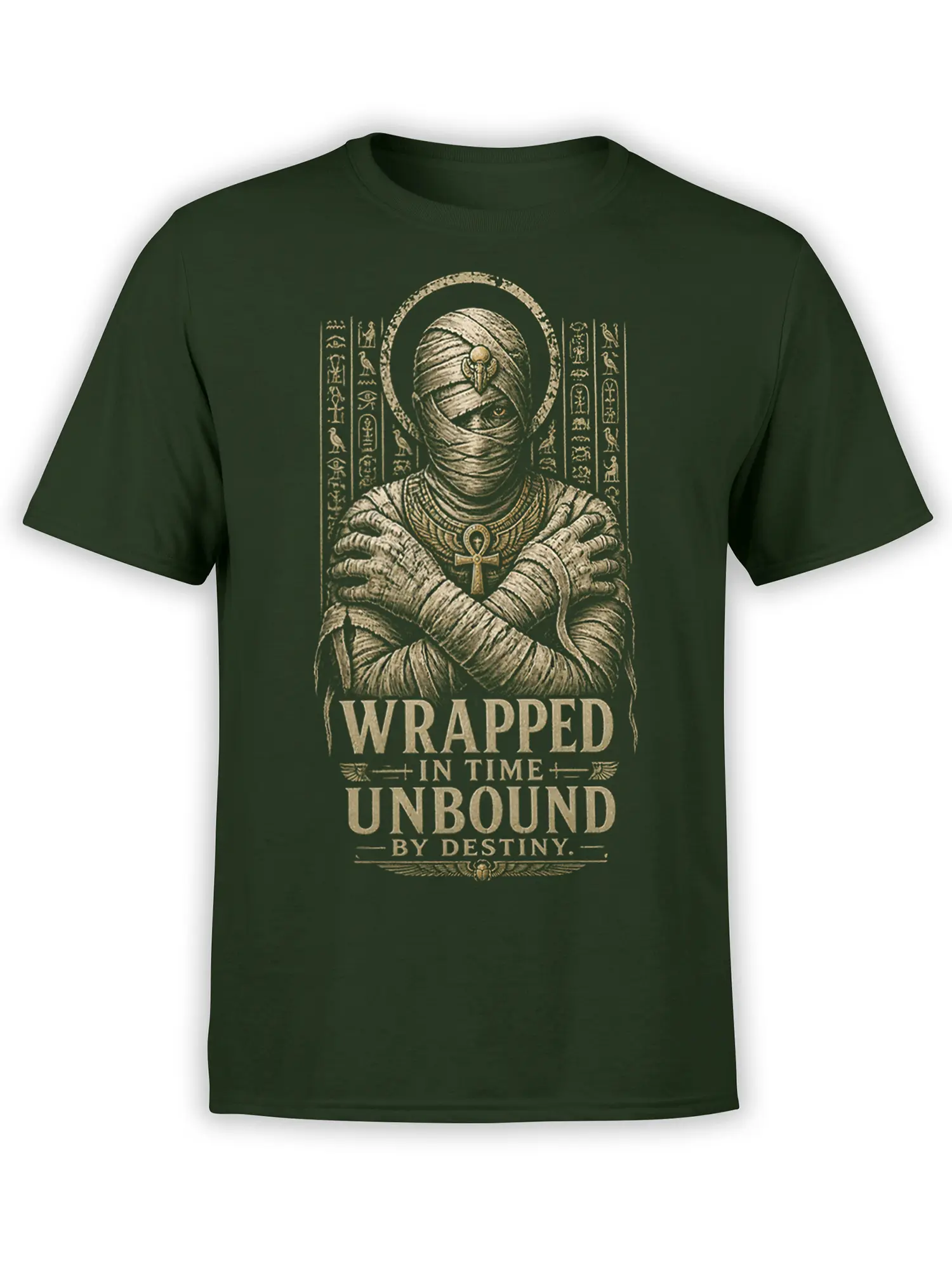 Egyptian mummy graphic with hieroglyphs and ankh on a dark green T-shirt