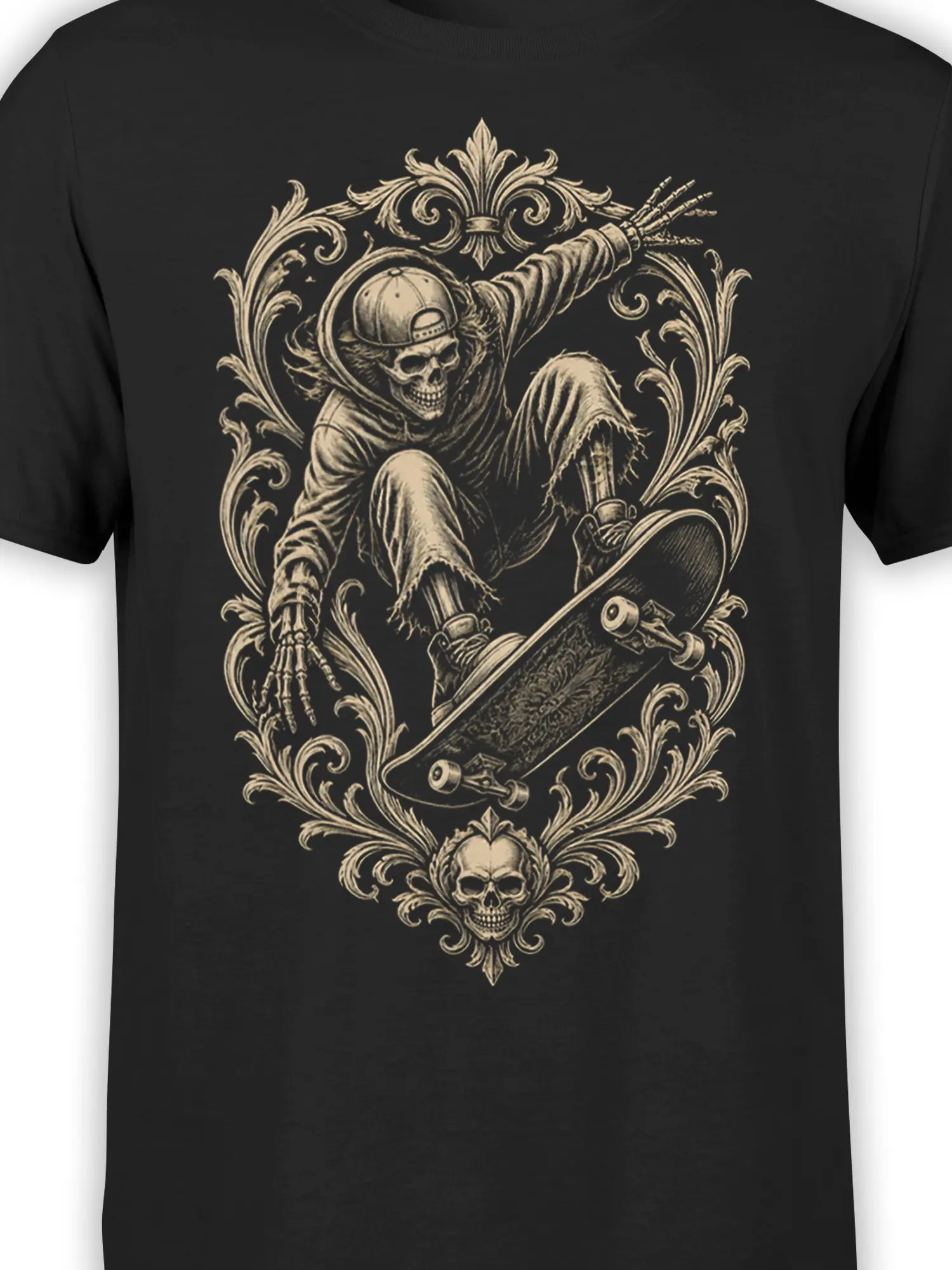 Close-up of the skeleton skateboarder, skateboard, skull, and ornate cream-colored artwork on a black graphic tee