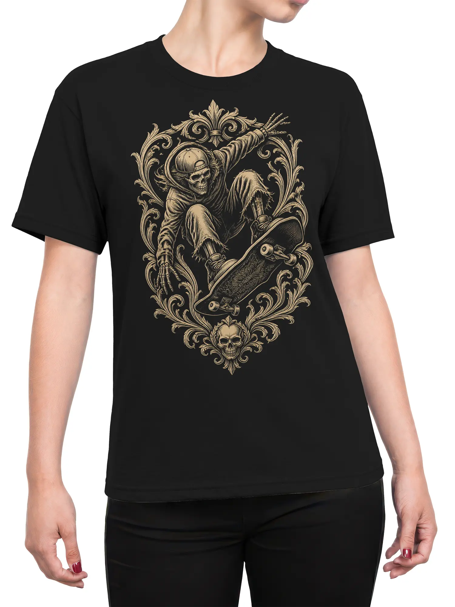 Female torso wearing a black T-shirt with a gothic skeleton skateboarder and ornate vintage graphic design