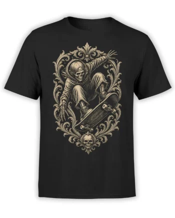 Gothic skeleton skateboarder wearing a backward cap and hoodie on a black T-shirt with ornate vintage flourishes