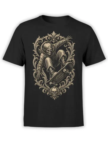 Gothic skeleton skateboarder wearing a backward cap and hoodie on a black T-shirt with ornate vintage flourishes