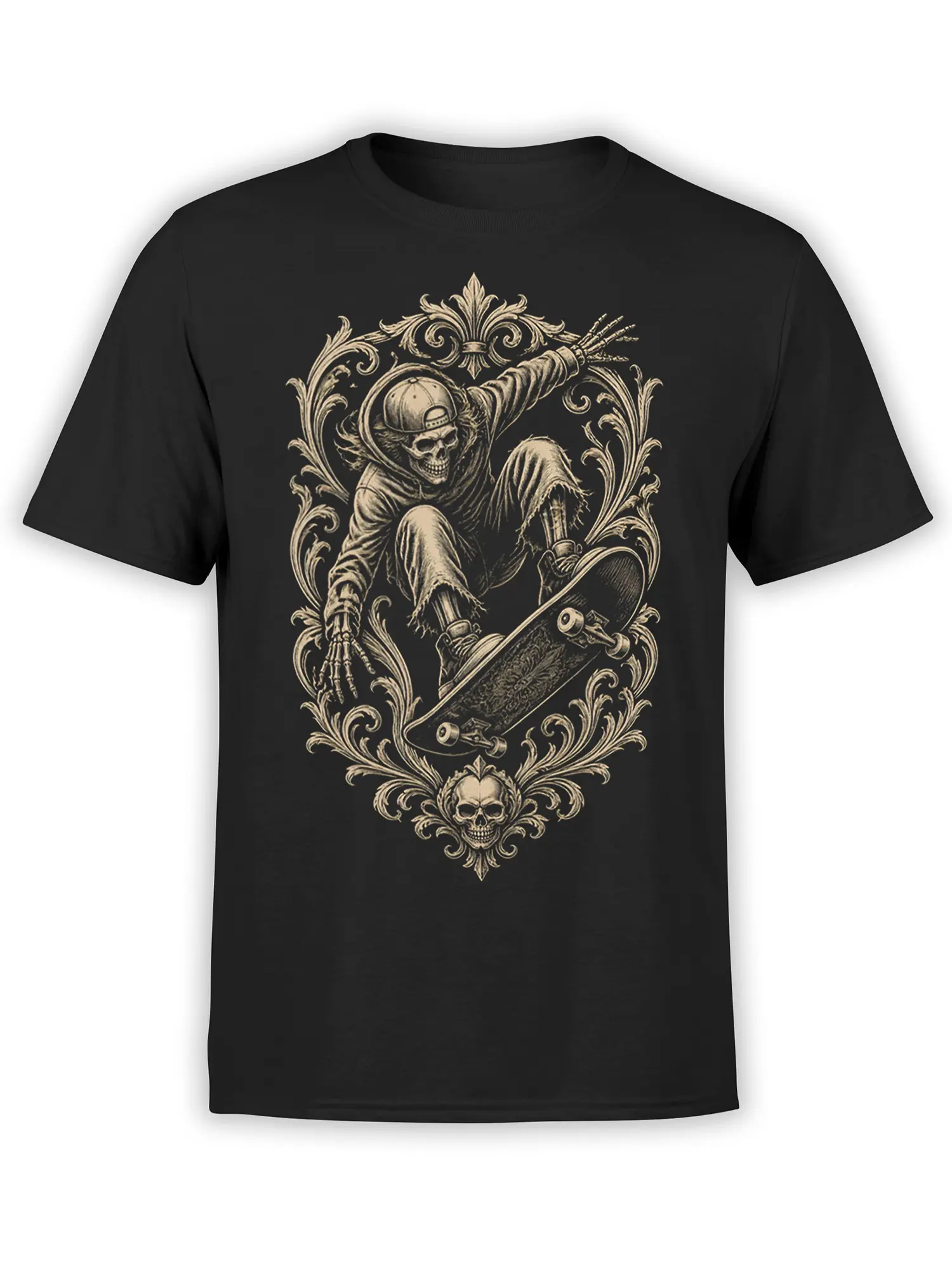 Gothic skeleton skateboarder wearing a backward cap and hoodie on a black T-shirt with ornate vintage flourishes