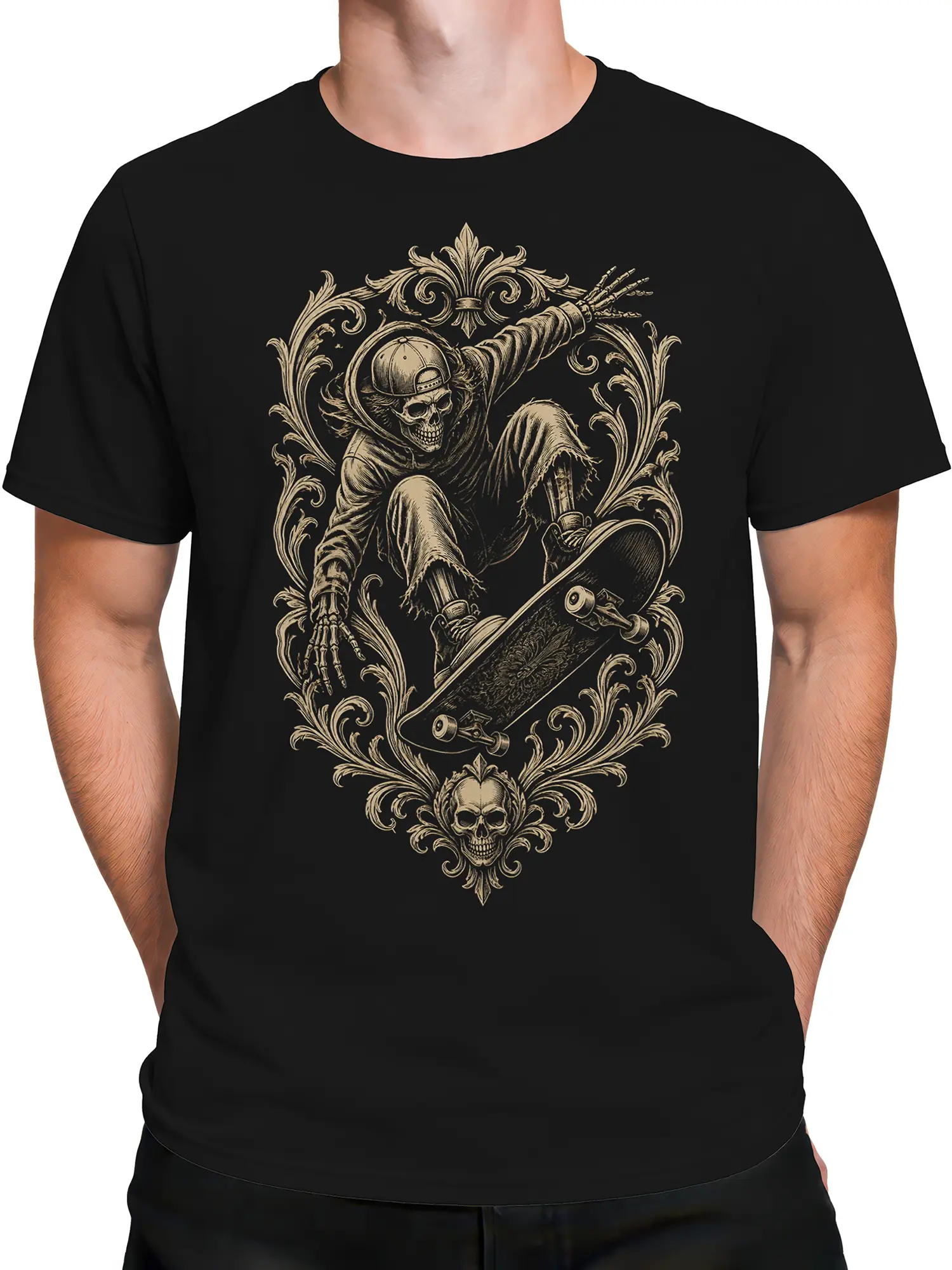 Male torso wearing a black gothic skateboard T-shirt with a skeleton skater and decorative vintage artwork