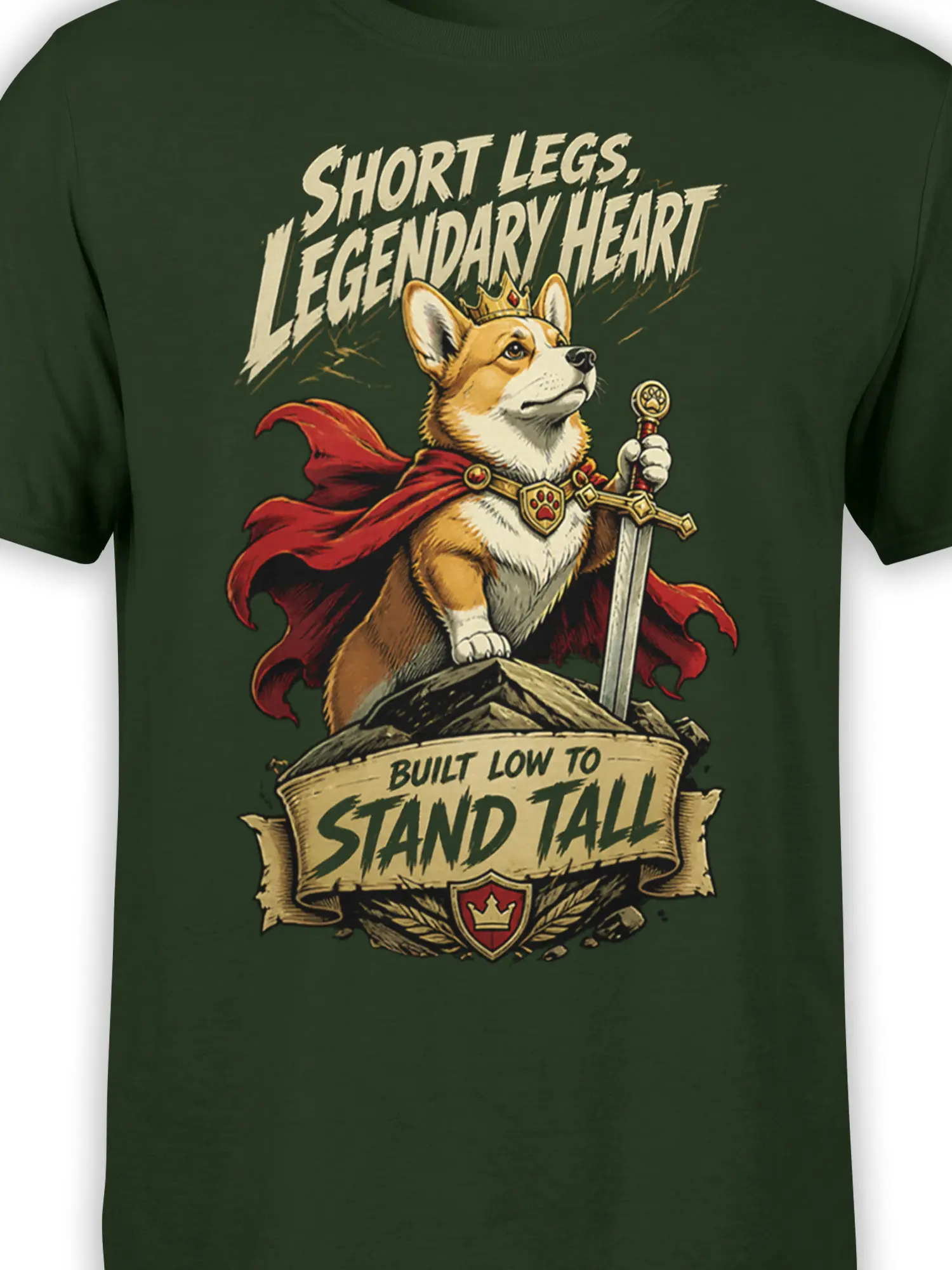 Close-up of crowned short-legged dog, sword, red cape, and fantasy lettering on green fabric