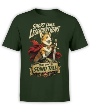 Short-legged crowned dog warrior with sword and red cape on a green fantasy graphic T-shirt