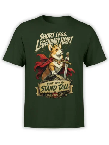 Short-legged crowned dog warrior with sword and red cape on a green fantasy graphic T-shirt