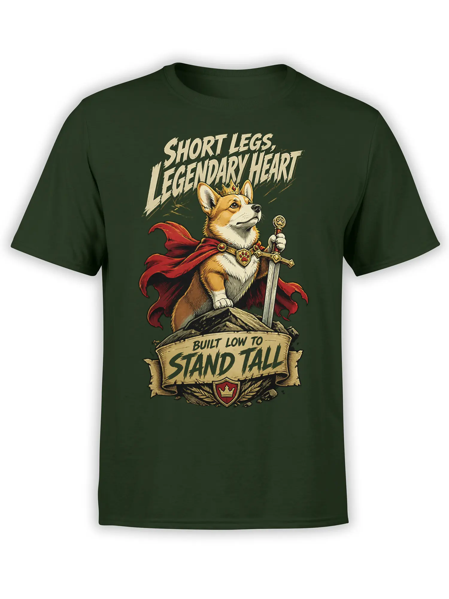 Short-legged crowned dog warrior with sword and red cape on a green fantasy graphic T-shirt