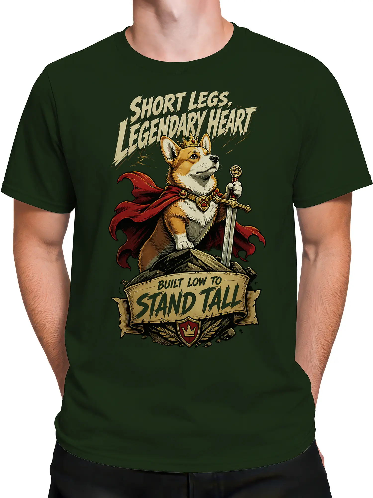 Male torso wearing a green T-shirt with a short-legged crowned dog warrior design