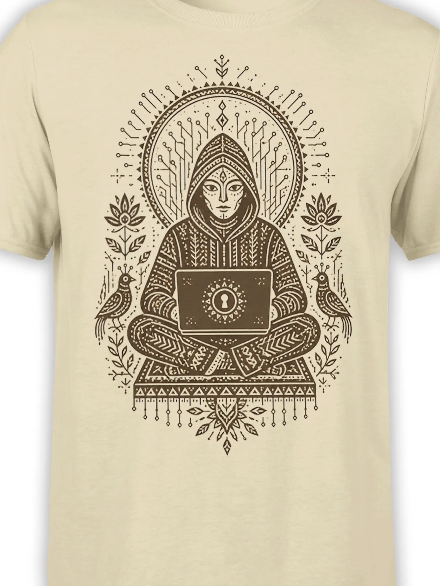 Close-up of the hooded digital mystic and keyhole laptop on a beige fantasy graphic T-shirt