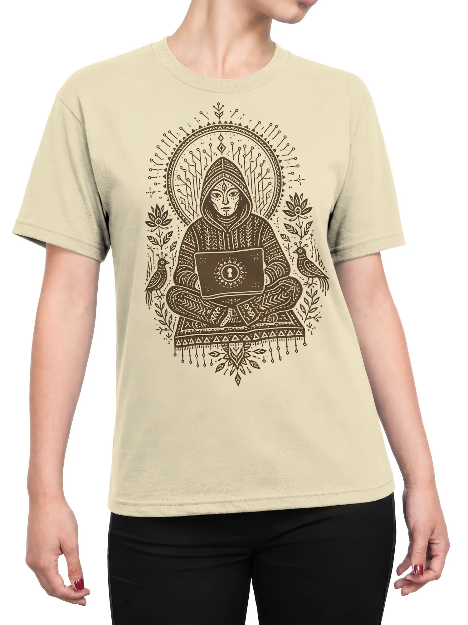 Female torso wearing a beige T-shirt with a hooded meditator and mystical keyhole laptop design
