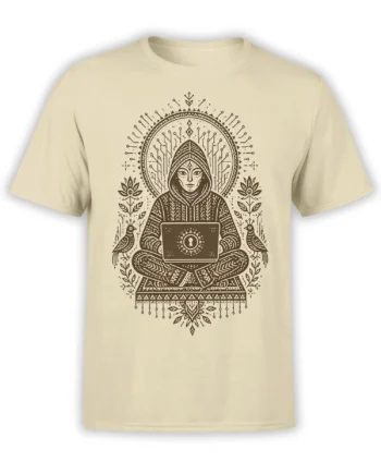 Beige T-shirt with a hooded meditating figure holding a keyhole laptop in a detailed mystical design