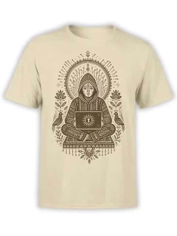 Beige T-shirt with a hooded meditating figure holding a keyhole laptop in a detailed mystical design