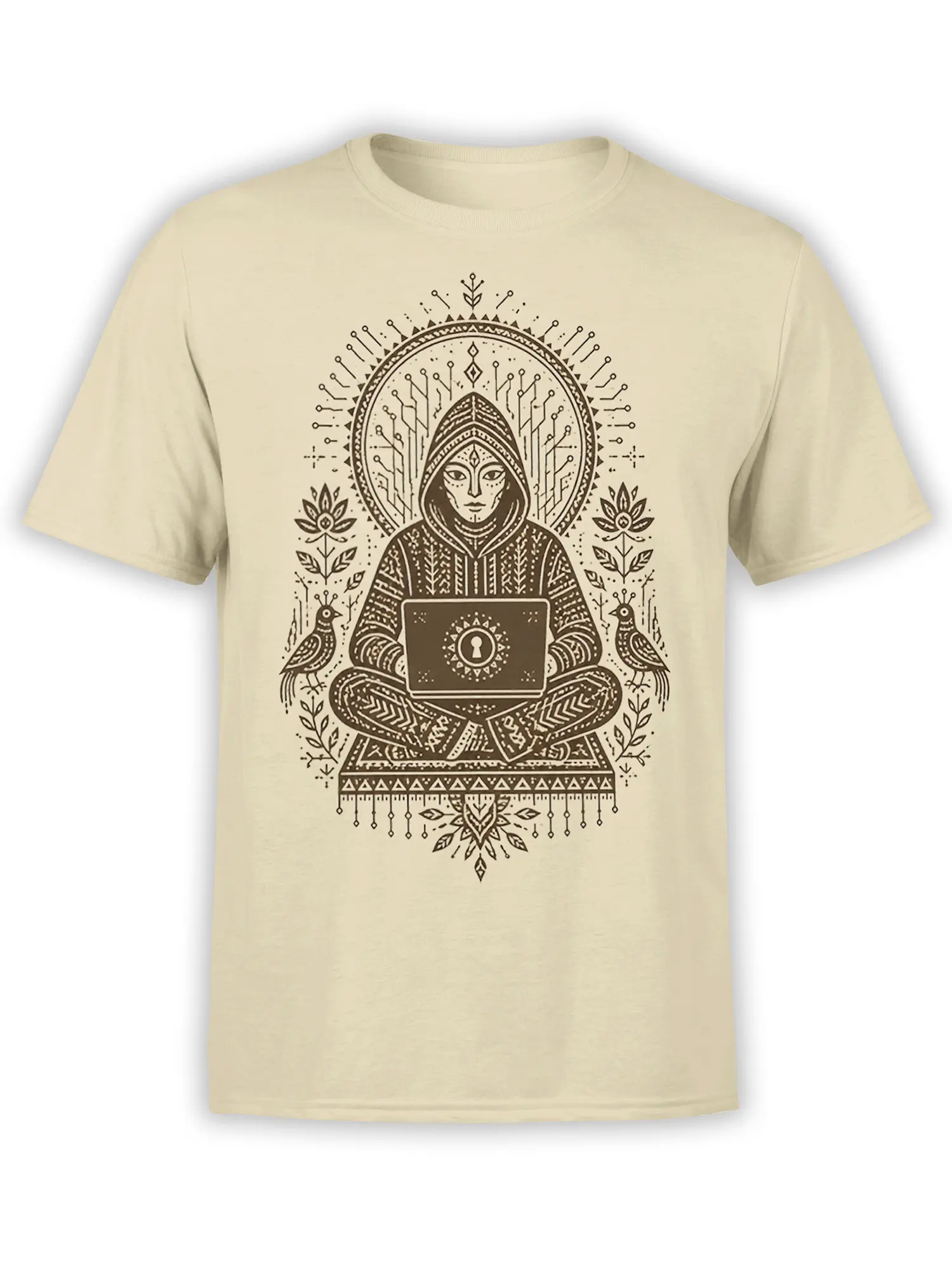 Beige T-shirt with a hooded meditating figure holding a keyhole laptop in a detailed mystical design