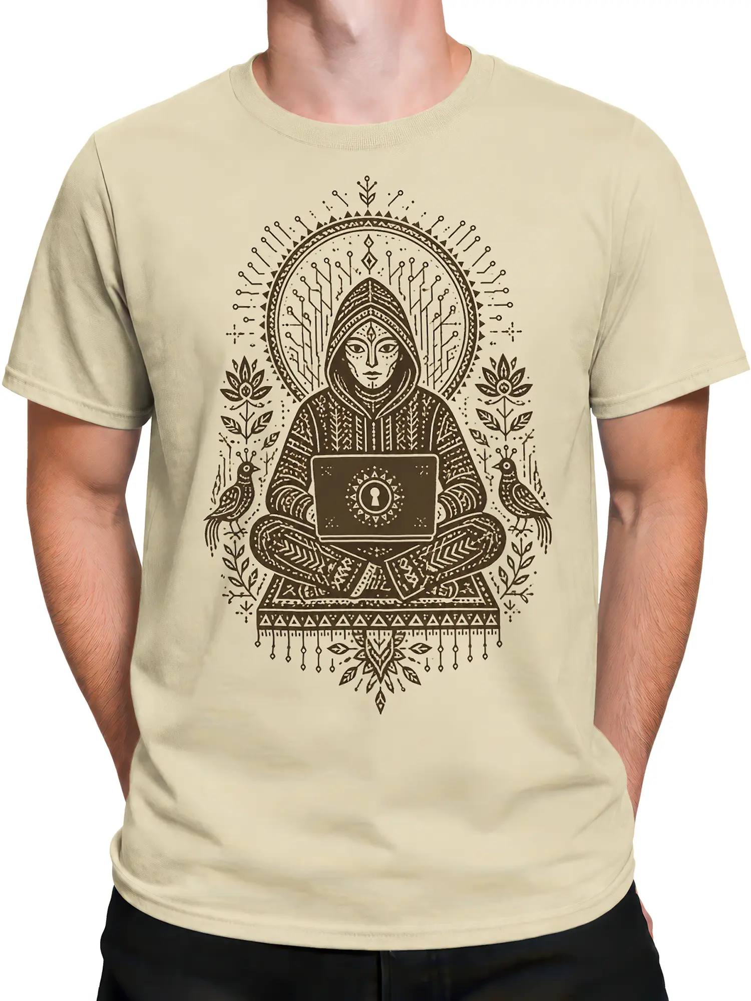Male torso wearing a beige fantasy T-shirt with a hooded figure and locked laptop artwork