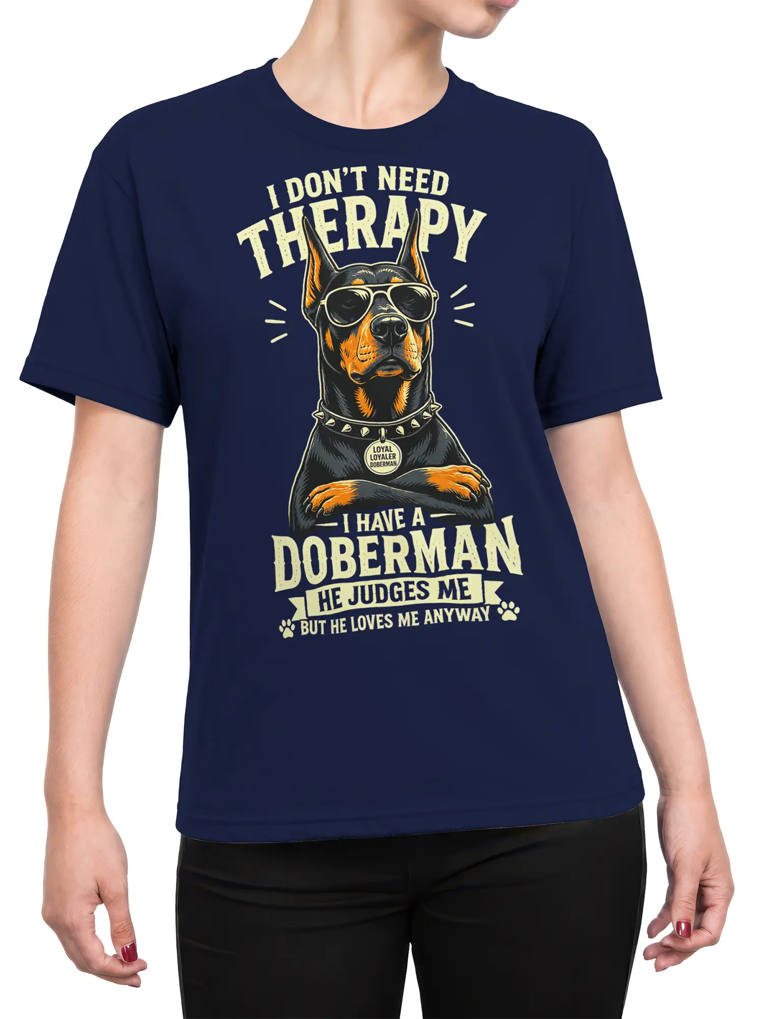 Female torso wearing a navy Doberman dog shirt with sunglasses graphic and loyal humorous lettering