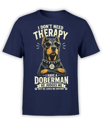 Vintage Doberman dog graphic with sunglasses and humorous “I have a Doberman” text on a navy shirt